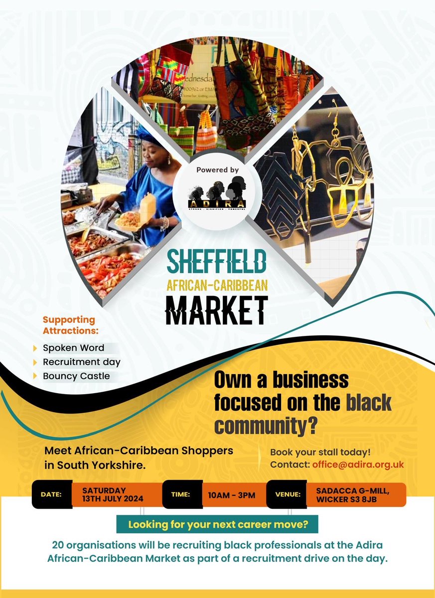 Looking for your next career opportunity? Want to shop with black owned businesses? Come along to our second recruitment day & market on 13th July! We’ll have recruiters, music, cultural foods & alll the vibes! #adirarecruitmentday #sheffield #sheffieldjobs #blackownedsheffield