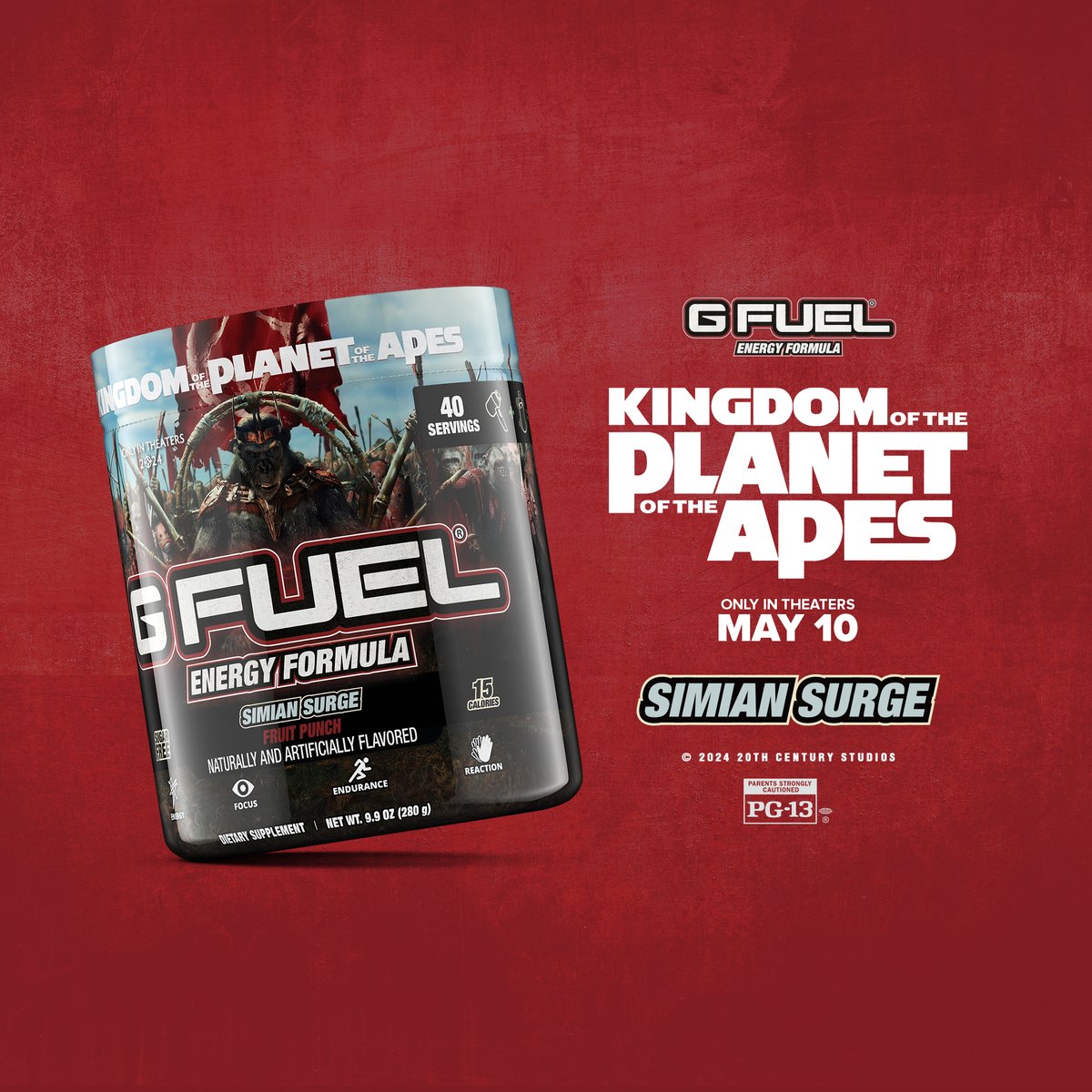 ❤️ 𝗥𝗧 + 𝗙𝗢𝗟𝗟𝗢𝗪 to win a Classic Fruit Punch @ApesMovies x #GFUEL '𝗦𝗜𝗠𝗜𝗔𝗡 𝗦𝗨𝗥𝗚𝗘' Tub! 2 winners picked on April 30 to celebrate the upcoming launch!

🍿 See #KingdomOfThePlanetOfTheApes in theaters May 10!

📮 𝗝𝗢𝗜𝗡 𝗪𝗔𝗜𝗧𝗟𝗜𝗦𝗧: GFUEL.ly/simian-surge-x