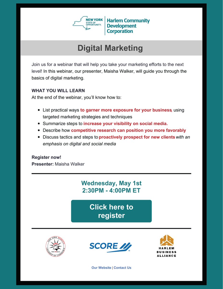 Join us and our partners at @HarlemCDCorp & @SCOREMentors for the next free upcoming workshop 'Digital Marketing', next week on Wednesday, May 1st at 2:30pm on ZOOM. 👩‍💼Presenter: Maisha Walker , SCORE NYC 📎RSVP here: bit.ly/hcdc_digitalma…