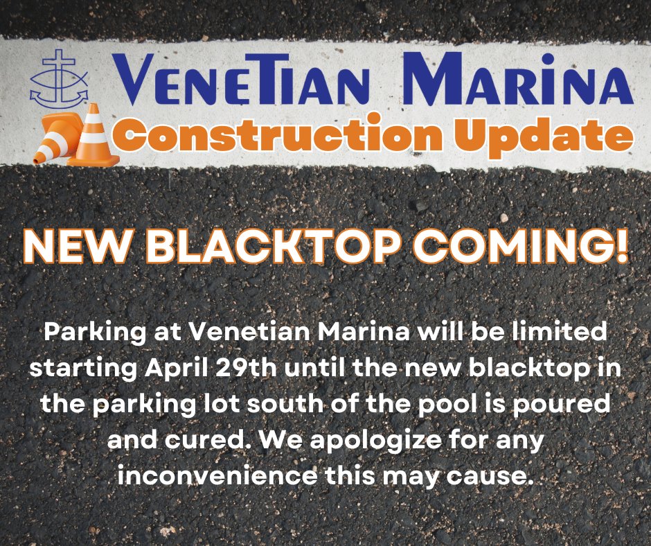 HotyMarine's tweet photo. Who's excited for a smooth blacktop parking lot??  Parking will be limited while we wait for this new improvement to be ready! Venetian Dock and Rack customers, please check your email for more details. https://t.co/Tk0iKdRkyx