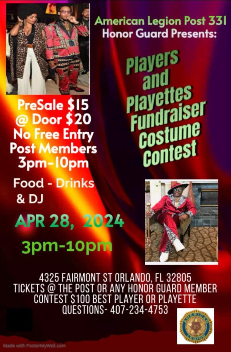 This Sunday, April 29th @ The American Legion Post 331
Players & Playettes Fundraiser Costume Contest, 3PM Until 10PM

#AmericanLegion #Veterans #SupportOurTroops #Military #Honor #Service #Community #Patriotism #AmericanHeroes #VeteransSupport #VeteransFirst #Legionnaires
