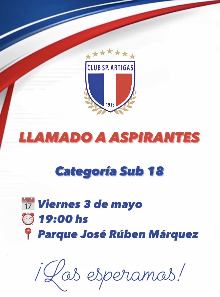 Este viernes 3 de mayo comienzan los entrenamientos de la categoría #Sub18 para la cual estaremos realizando un llamado a aspirantes. 

¡Te esperamos!
