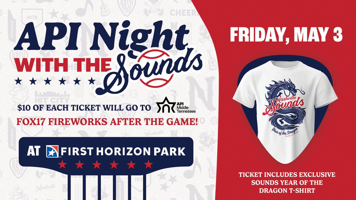 Make sure to get your API Night ticket for a Sounds Year of the Dragon T-Shirt, designed by a local artist! Plus, stick around after the game to see a @FOXNashville Friday Firework show. 🎟️: bit.ly/49aJRyc