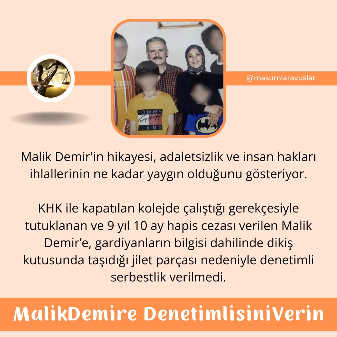 Adam yaralayanlar, silah taşıyanlar gözaltında bile tutulmazken, mahkumların söküğünü dikmek için dikiş kutusunda jilet taşıyan ve idarenin de bilgisi olan Ahmet Demir, 17 ay daha fazladan cezaevinde yatırılmaya çalışılıyor. @adalet_bakanlik MalikDemire DenetimlisiniVerin