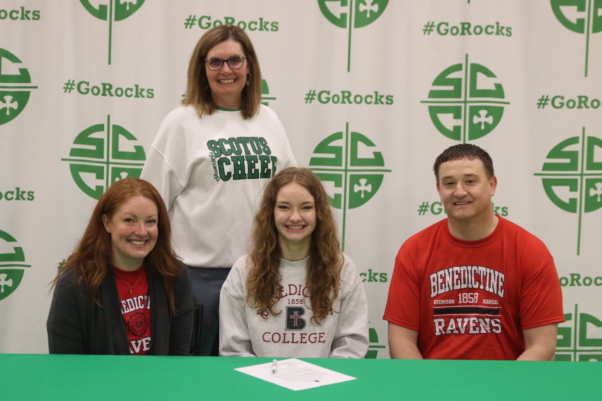 ScotusCC's tweet image. Senior Neve Pavlik signed her letter of intent to join the cheerleading team at Benedictine College.  

Congratulations to Neve and her family! Neve was joined by her parents, siblings, coach Pat Engel and Scotus students.  #GoRocks #nebpreps