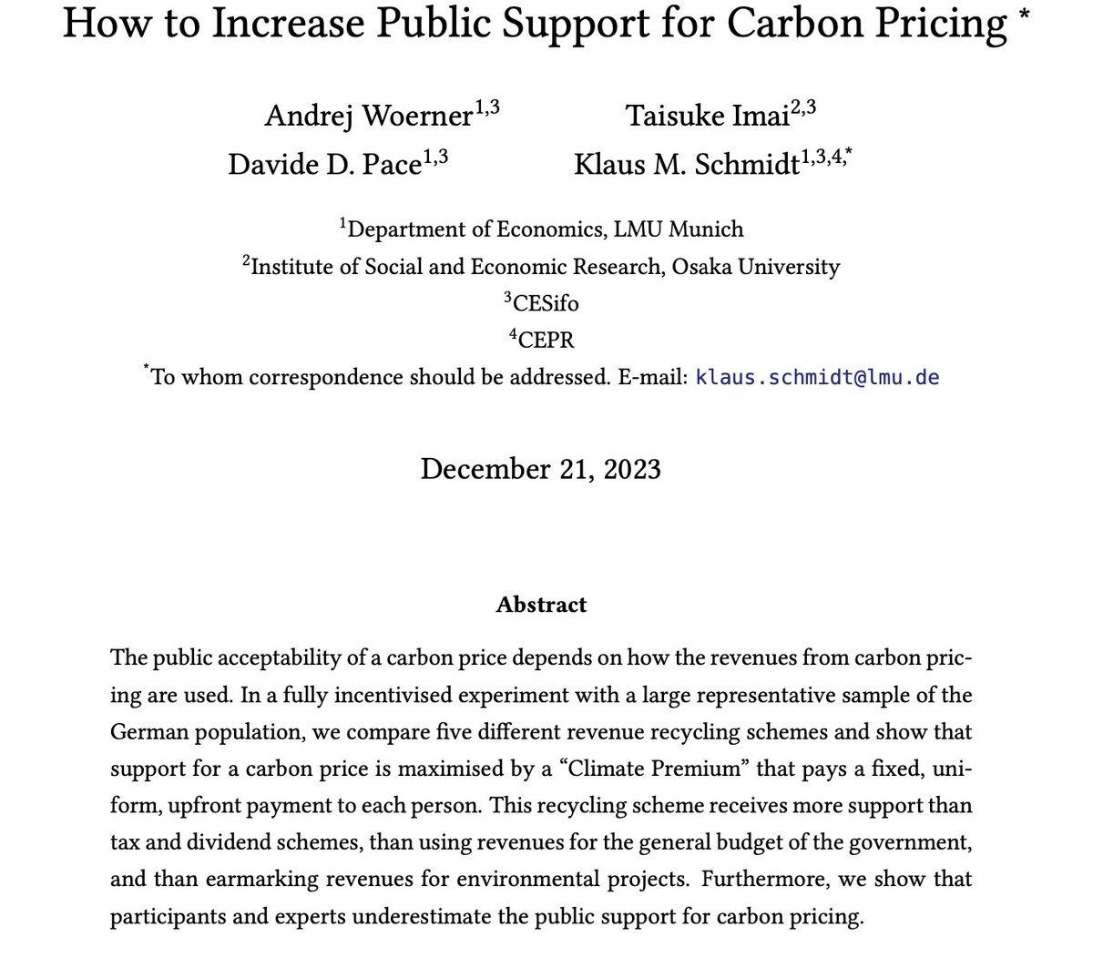 The political acceptability of #CarbonPricing largely depends on how ist revenues are used. In a new paper, Andrej Woerner, Taisuke Imai, @D_D_Pace and Klaus Schmidt delve into what makes the public more receptive to this environmental policy. 🌍 #ClimateAction #EconTwitter
1/6