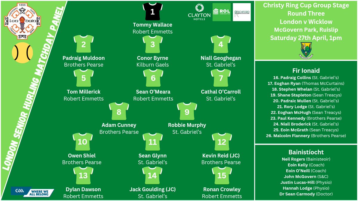 🚨 TEAM ANNOUNCEMENT 🚨 

The London team to face Wicklow in the Christy Ring Cup.

#LondainAbú 🟢⚪️ #GAA