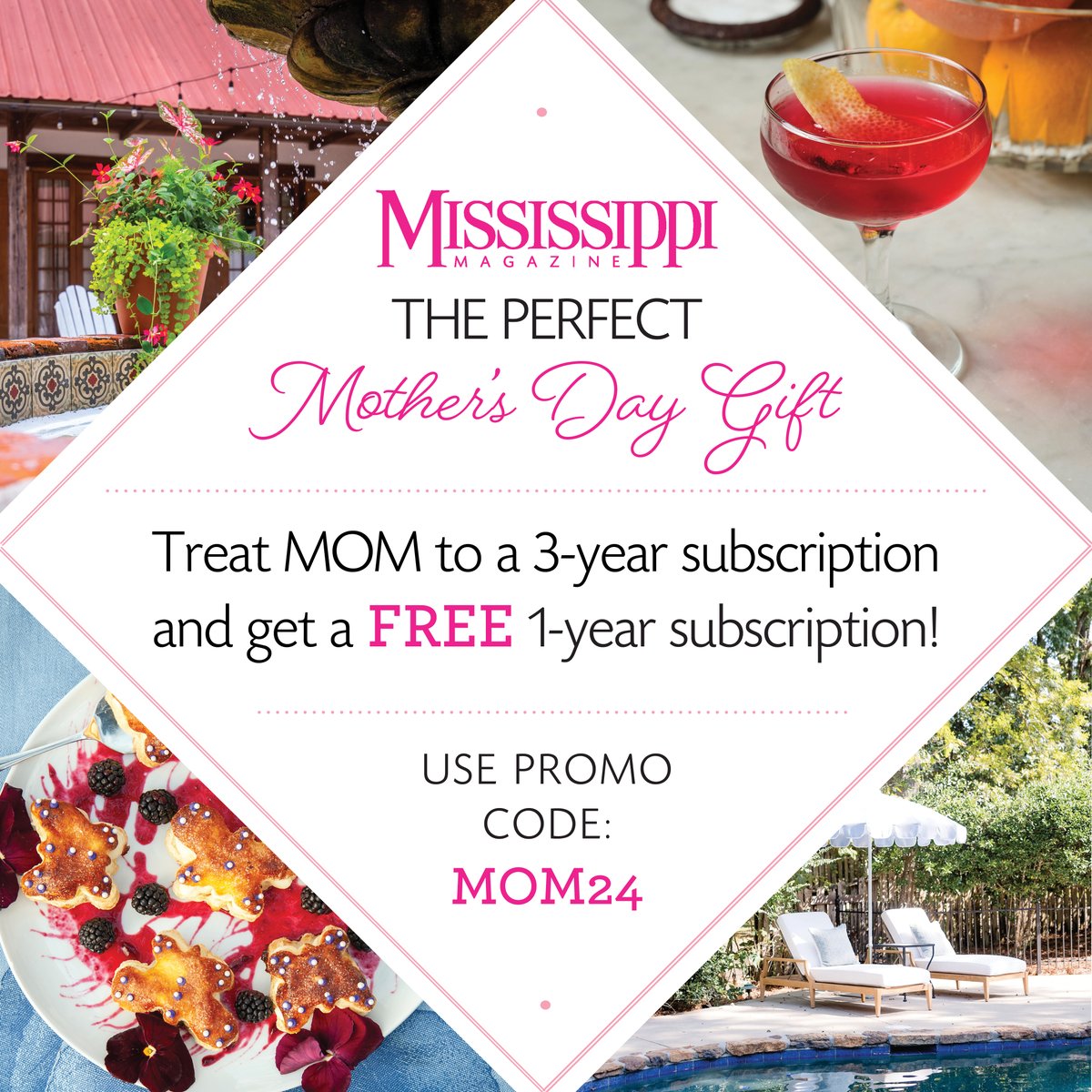 Give the gift of Mississippi Magazine this Mother's Day and get a free one-year subscription! Together, Mom and you can discover great recipes, beautiful homes and gardens, special events, history, culture, traditions, and so much more! : mismag.com/subscription-h…