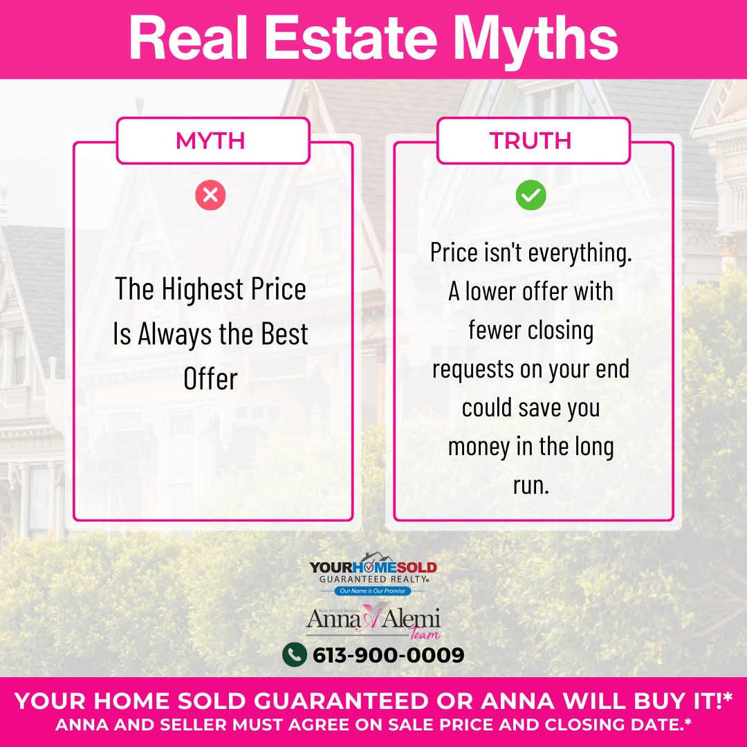 Myth: The Highest Price Is Always the Best Offer

Truth: Price isn't everything. A lower offer with fewer closing requests on your end could save you money in the long run.

#annaalemi #yhsgr #call6139000009 #ottawarealestate #realestateottawa #ottawa #ottawahomeforsale