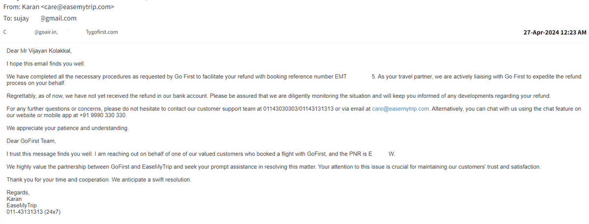 @sujkol @GoFirstairways Hi Sujay,

We comprehend and empathize with your frustration and concern, as we share those sentiments. Regrettably, the refund from GoFirst Airways has not yet been credited to our bank account. It is crucial to emphasize that our capacity to proceed with the refund is dependent…