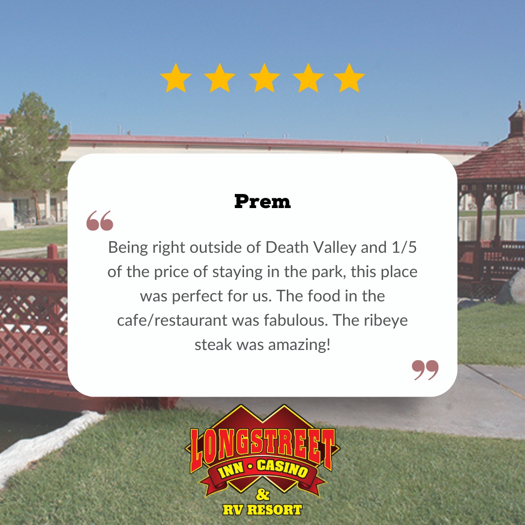 Great prices, great ribeye, we've got it all! 🙌🏼🥩
.
.
.
#LongstreetInn #Hotel #Casino #RVResort #AmargosaValley #CozyHotel #Restaurant #Tourism #Travel #Explore #Review #FiveStarReview #Testimonials #FullServiceResort #Nevada #NevadaTravel #DeathValleyNationalPark