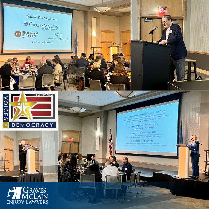 Today marked an inspiring celebration in anticipation of May 1st #LawDay with our fellow colleagues at the #TCBA’s Law Day Luncheon. As a presenting sponsor, we're proud to support their “Voices of Democracy” theme. #GravesMcLain #InjuryLawyers