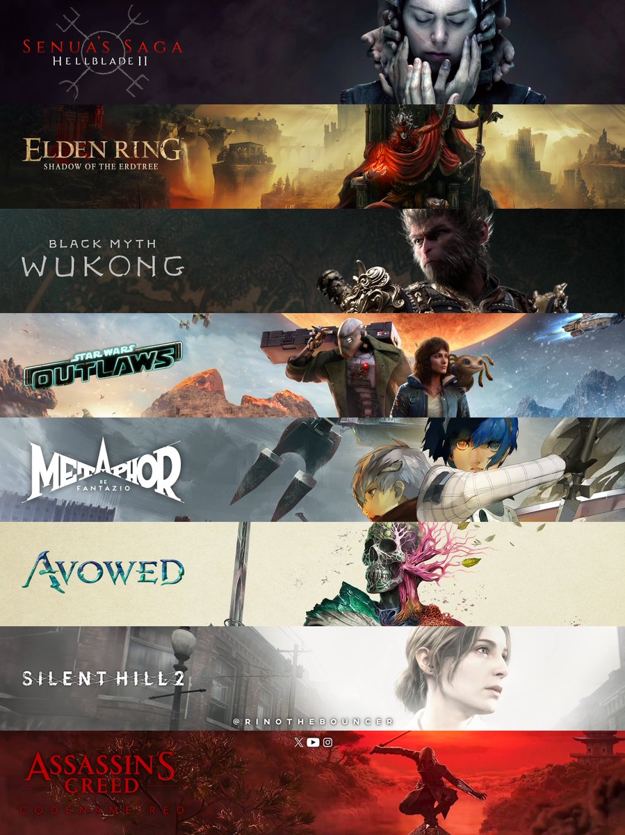 What’s left for 2024 in gaming 🚀 💯Official ✅Senua’s Saga Hellblade II: 5/21 ✅Elden Ring SotET: 6/20 ✅Final Fantasy XIV Dawntrail: 7/2 ✅Black Myth Wukong: 8/20 ✅Enotria The Last Song: 8/21 ✅Star Wars Outlaws: 8/30 ✅Metaphor Re Fantazio: 10/11 🔥Projected/TBC ✅Avowed:…
