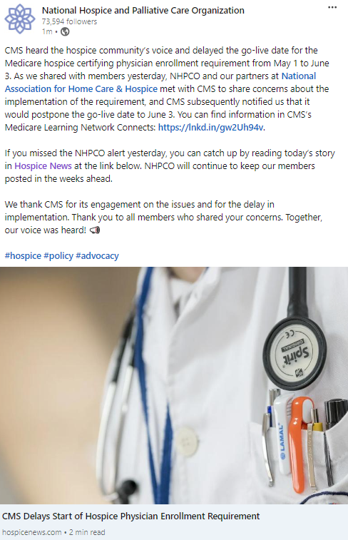 As shared on LinkedIn, @CMSGov heard the #hospice community concerns and postponed go-live for the hospice certifying physician enrollment requirement from May 1 to June 3. Read more from @hospicebusiness: hospicenews.com/2024/04/26/cms…