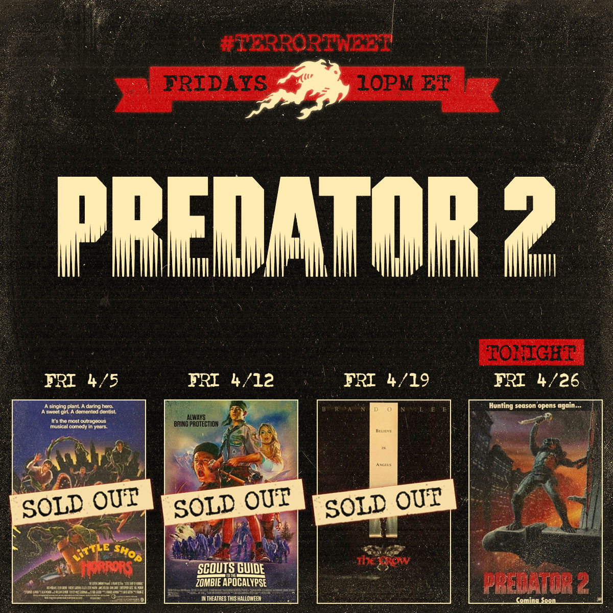 🚀💀 He's in town with a few days to kill. Tonight's #terrortweet is PREDATOR 2. Find your copy and watch it with us! Hit play at 10pm EDT TONIGHT (Friday 4/26) & join the conversation on DISCORD 👉 discord.com/invite/dV2MTwy…
