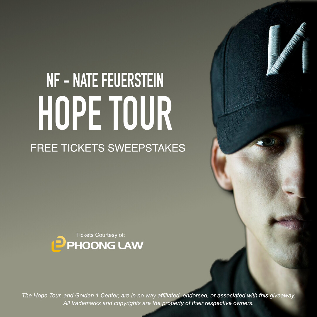 We're excited to announce that we're giving away 2 FREE TICKETS to one lucky winner for the NF Hope Tour at Golden 1 Center, Sacramento, Saturday, June 8 at 8pm! 🎟️ 🎟️ To enter 👉 phoonglaw.com/hope ✅ Like this post ❤️ ✅ Share this post 📣 ✅ Tag a friend in the comments