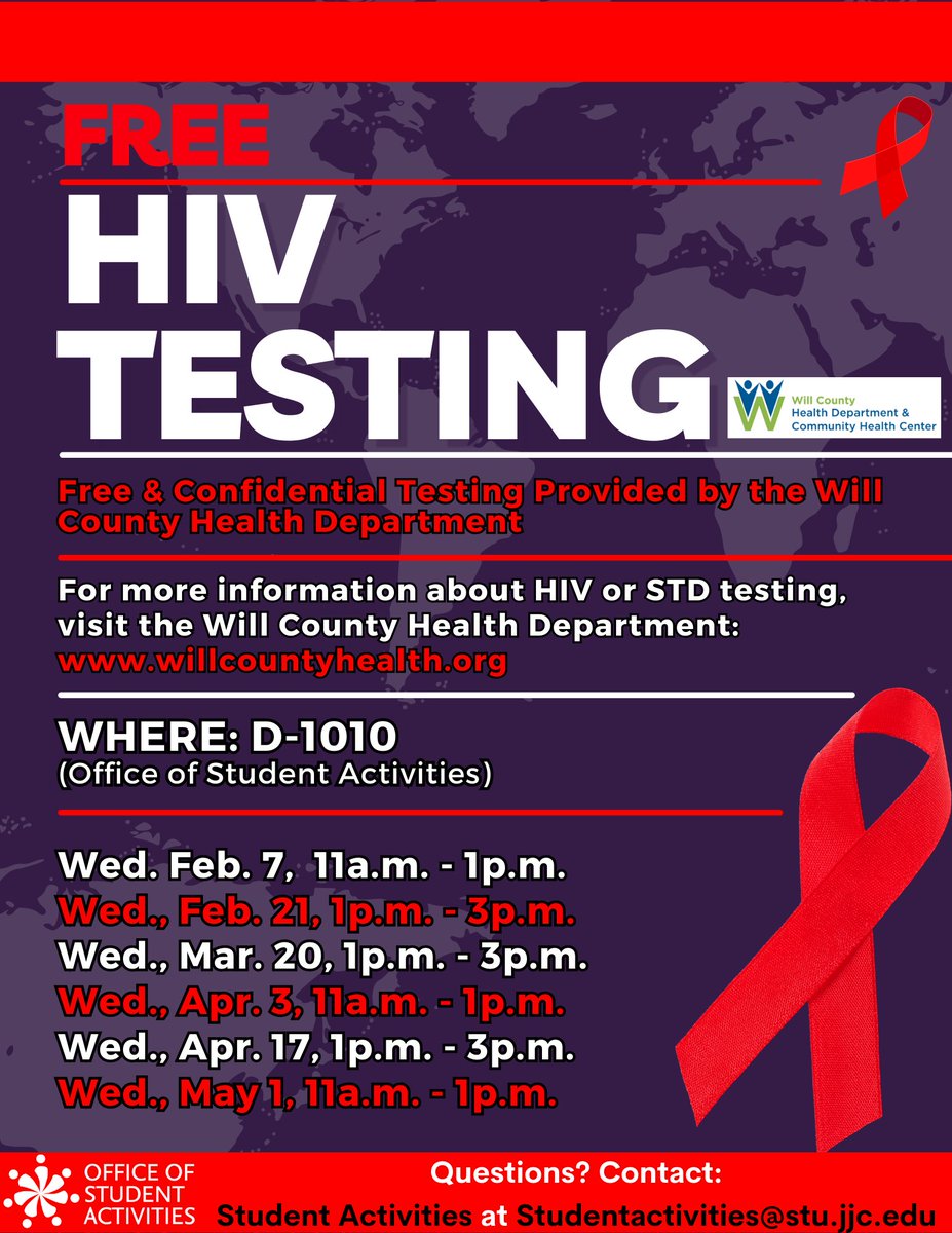 Our final HIV Testing partnership event with the Will County Health Department is tomorrow, May 1 from 11am - 1pm at the D-1010 info desk. Come take advantage of their services one last time!