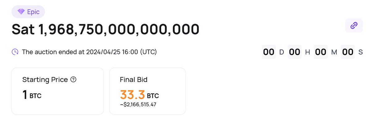 #Bitcoin's $1M ATH is due but a sat sold for $2.17M recently. FYI, a sat is the smallest unit of Bitcoin. The 'epic sat' is an exceptionally rare satoshi mined from the 4th $BTC halving block. The sale took place on @coinexcom on April 25. The epic sat is numbered…