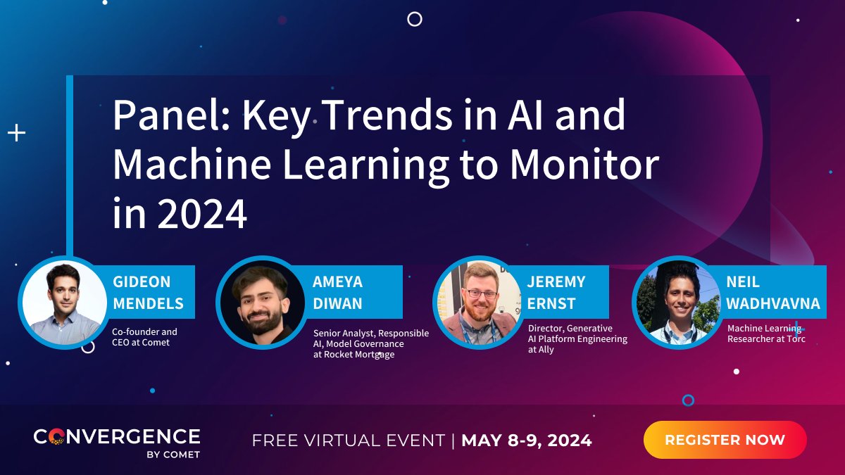 🚨Panel alert at Convergence Conference! 🚀 Gideon Mendels @Cometml, Ameya Diwan @RocketMortgage Lovedeep Saini @Gallagher & Neil Wadhvavna @Algolux discuss the future of #AI & #ML Free registration: comet.com/site/convergen… #MLOps #LLMOps #Innovation