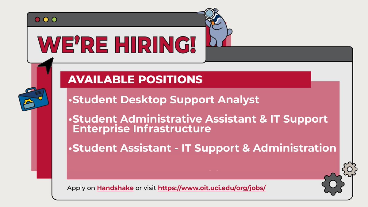 Calling all Anteaters! We're HIRING! 🗣️ We have a number of student staff positions open and accepting applications now at oit.uci.edu/org/jobs/stude… Questions? Check out our FAQ highlight located on our Instagram @uci_oit. Good luck! 🤗 #uci #ucirvine #ucioit #itjobs #werehiring