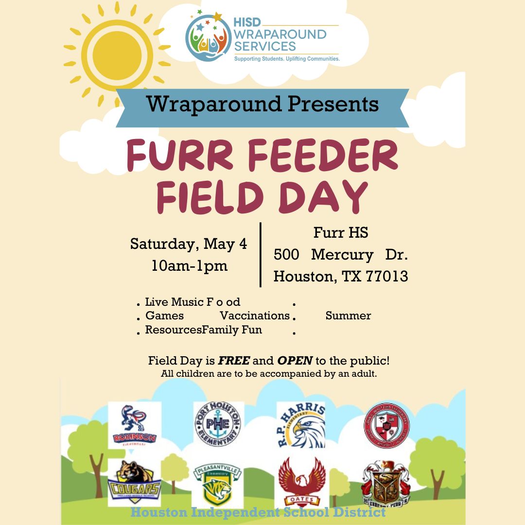 FurrHS's tweet photo. FURR Feeder Field Day on Saturday, May 4 from 10am-1 pm. Free and open to the public! @Robinson_HISD @PortHoustonES @RPHarris_ @HollandHISD @PleasantvilleES @HisdOates @WhittierES_HISD https://t.co/GH8DsMGC5u