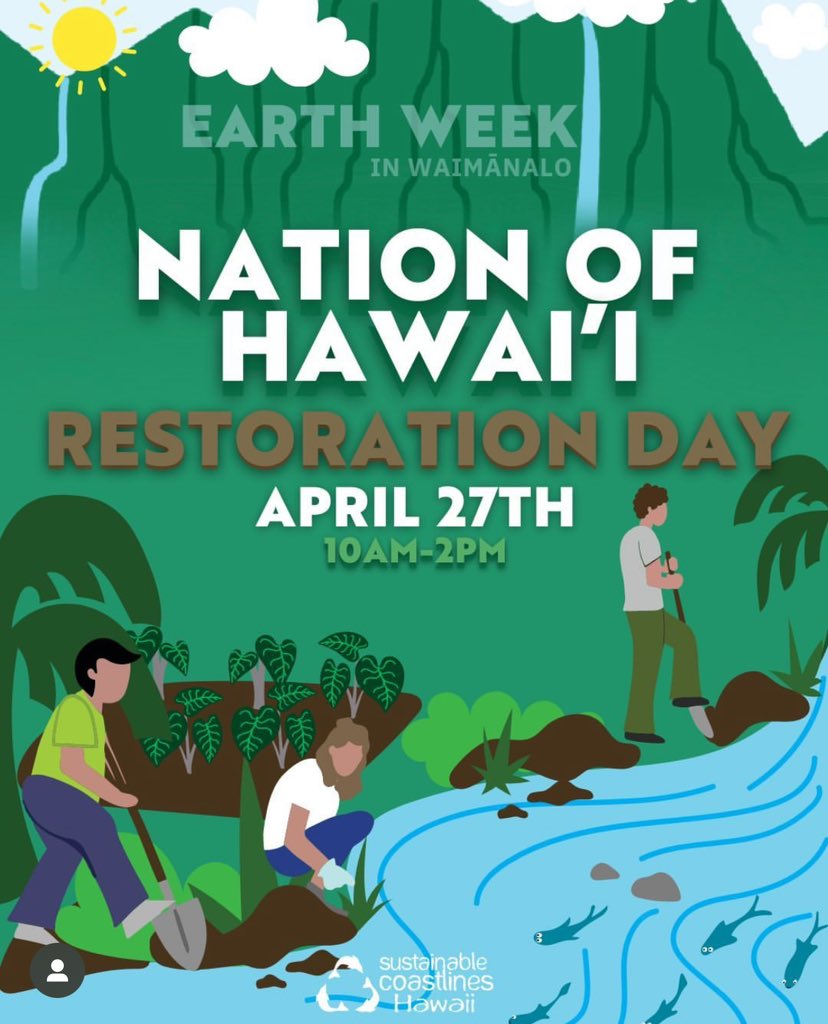 🏴 Waimánalo comrades: Nation of Hawai'i restoration Day is tomorrow, Sat 4/27 10am-2pm. It's Earth Week in Waimánalo! 🏴

#waimánalo #earthweek #Solidarity #IndigenousPeoples #indigenous #nationofhawaii