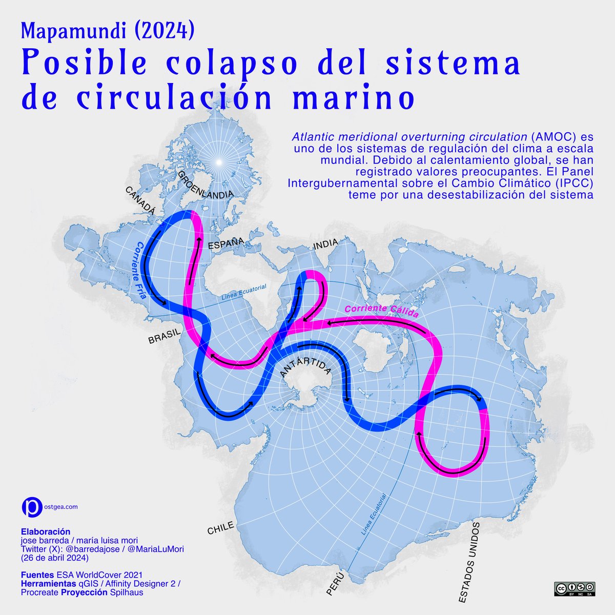 Para elaborar este mapa sobre el Sistema Atlántico de Circulación usamos la proyección Spilhaus que nos permite ver los mares como un gran sistema interconectado. Su posible colapso en el siguiente artículo

nature.com/articles/s4146…
#Mapa #Map #CambioClimatico #GlobalWarning #AMOC