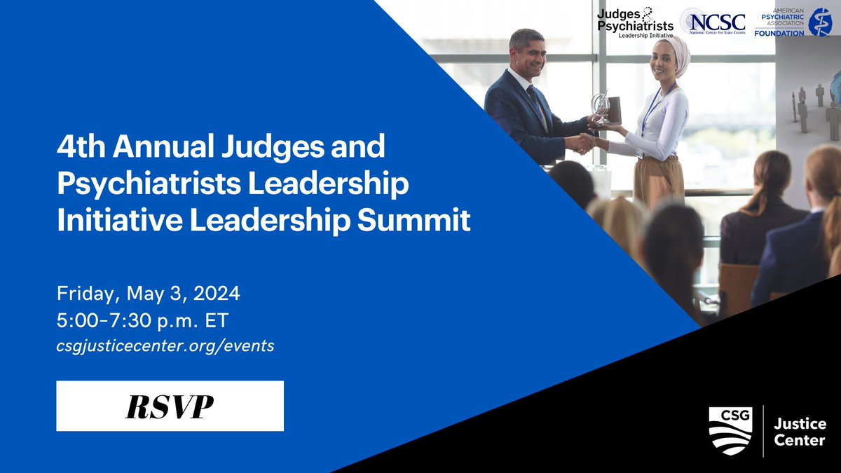 🏆 On May 3, JPLI will host its 4th Annual Leadership Summit. Join us to celebrate judges & psychiatrists who have shown exceptional dedication to improving the lives of people with behavioral health needs in the justice system. Learn more: bit.ly/4aLgnc2