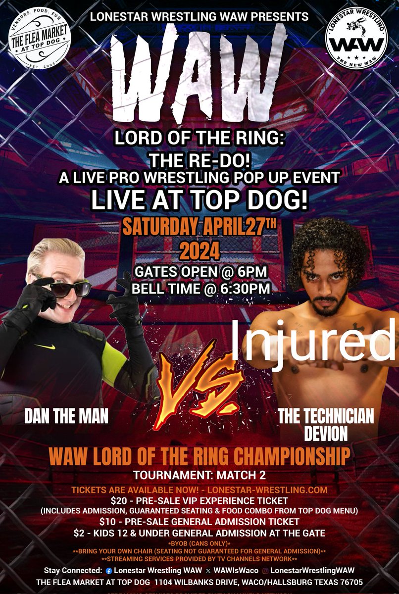 🚨 Unfortunately @IamDevion99 was injured during training & won't be able to compete tomorrow in Waco. @Nasticoo will make an in show announcement tomorrow regarding @ultimodanman match. 🎟️ Lonestar-Wrestling.com #prowrestling #liveprowrestling #TexasWrestling #IndieWrestling