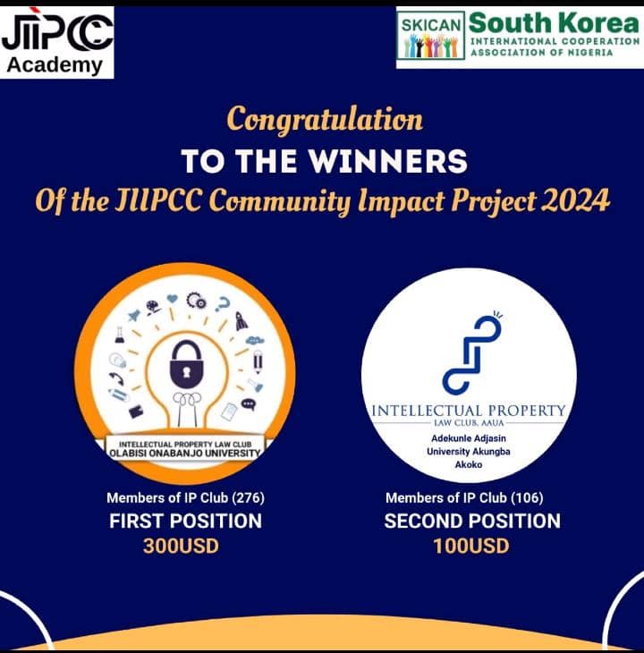 IPLC OOU celebrates its win of the JIIPCC Competition in COMMEMORATION of the World Intellectual Property Day.

We are immensely grateful to all those who supported us in this competition.
Let's encourage sensitization, exploration, and collaboration.

#WORLDIPDAY🙌