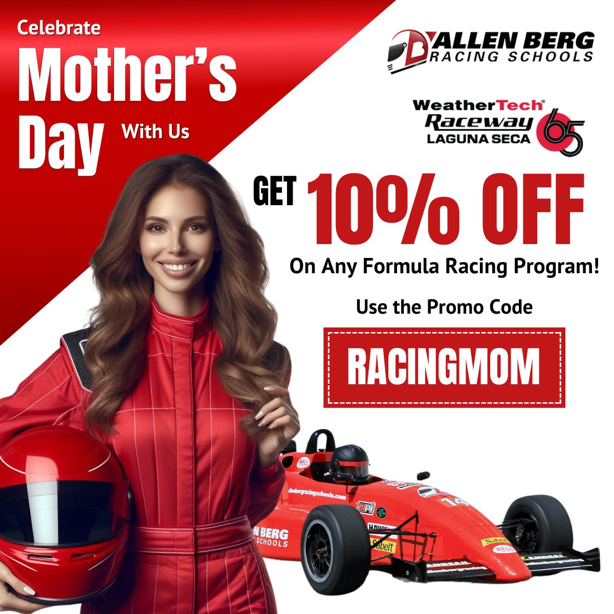 🎉 Give Mom the gift of speed this Mother's Day! Enjoy 10% off our Formula Racing programs until May 12th. Use code RACINGMOM and make her day unforgettable! #MothersDay #RacingFun 🏁🚗 allenbergracingschools.com