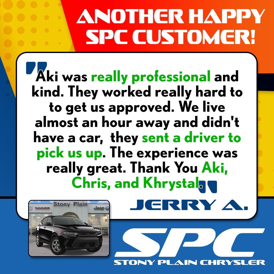 Another #HappyCustomer! Check out what Jerry A. had to say about his recent sales experience here at Stony Plain Chrysler! If you're in the market, call 587-760-1594, stop by, or visit buff.ly/3UzyxHP to see how we can help you.

#Testimonial #CustomerReview #StonyPlain