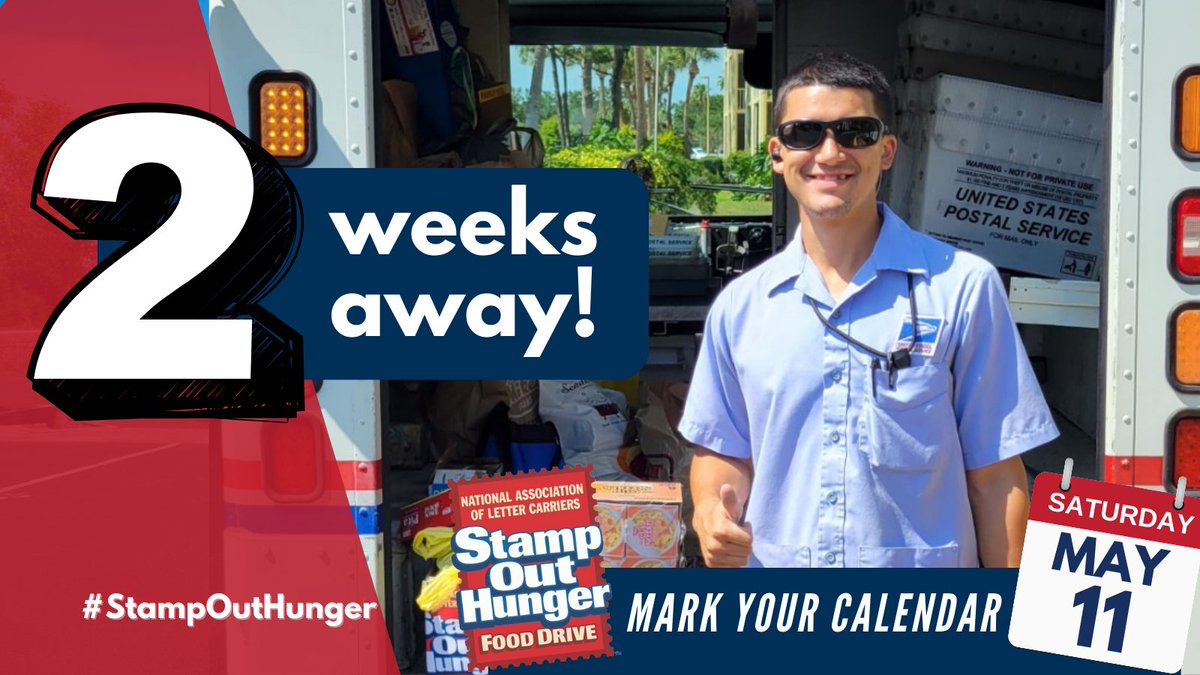 We're only 2 weeks out from this year's #StampOutHunger Food Drive! Supporting your local food bank by participating in the food drive is simple. On Saturday, May 11, leave a food donation at your mailbox. Your letter carrier will take care of the rest!