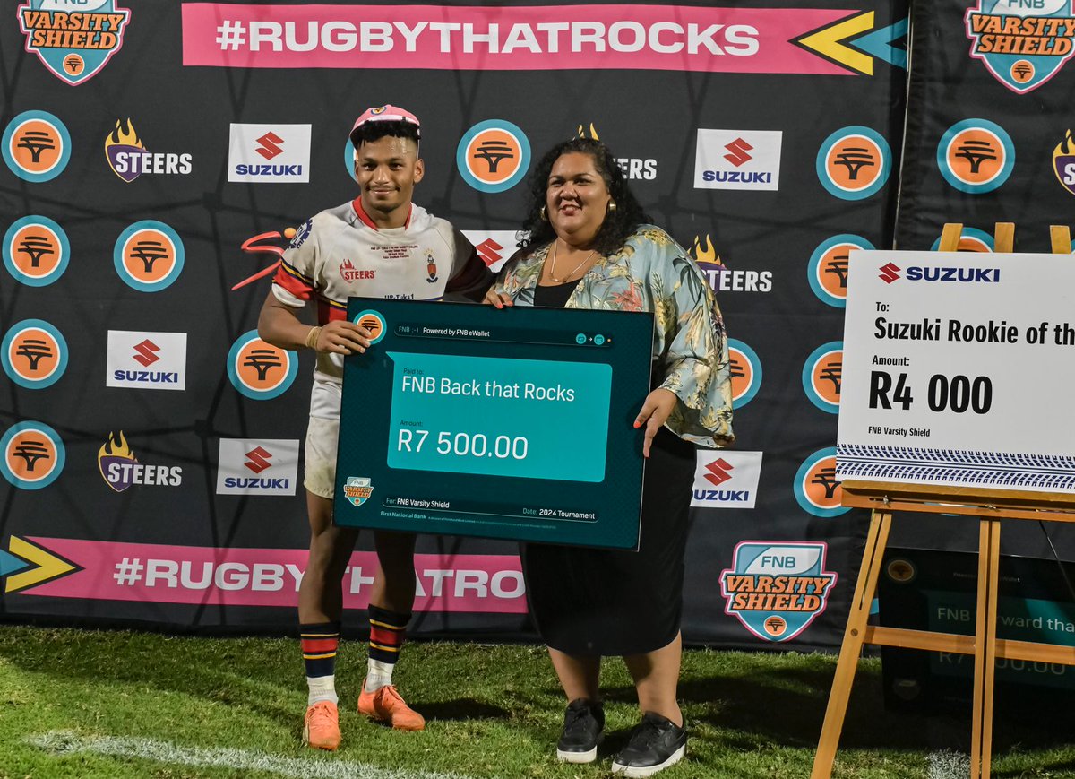 The double! Congratulations to @TuksSport centre Tharquinn Manuel who was voted as both the FNB Overall Player That Rocks as well as the FNB Back That Rocks for the 2024 tournament. He walks away with the R10 000 and R7 500 cheques powered by @FNBSA eWallet! #RugbyThatRocks