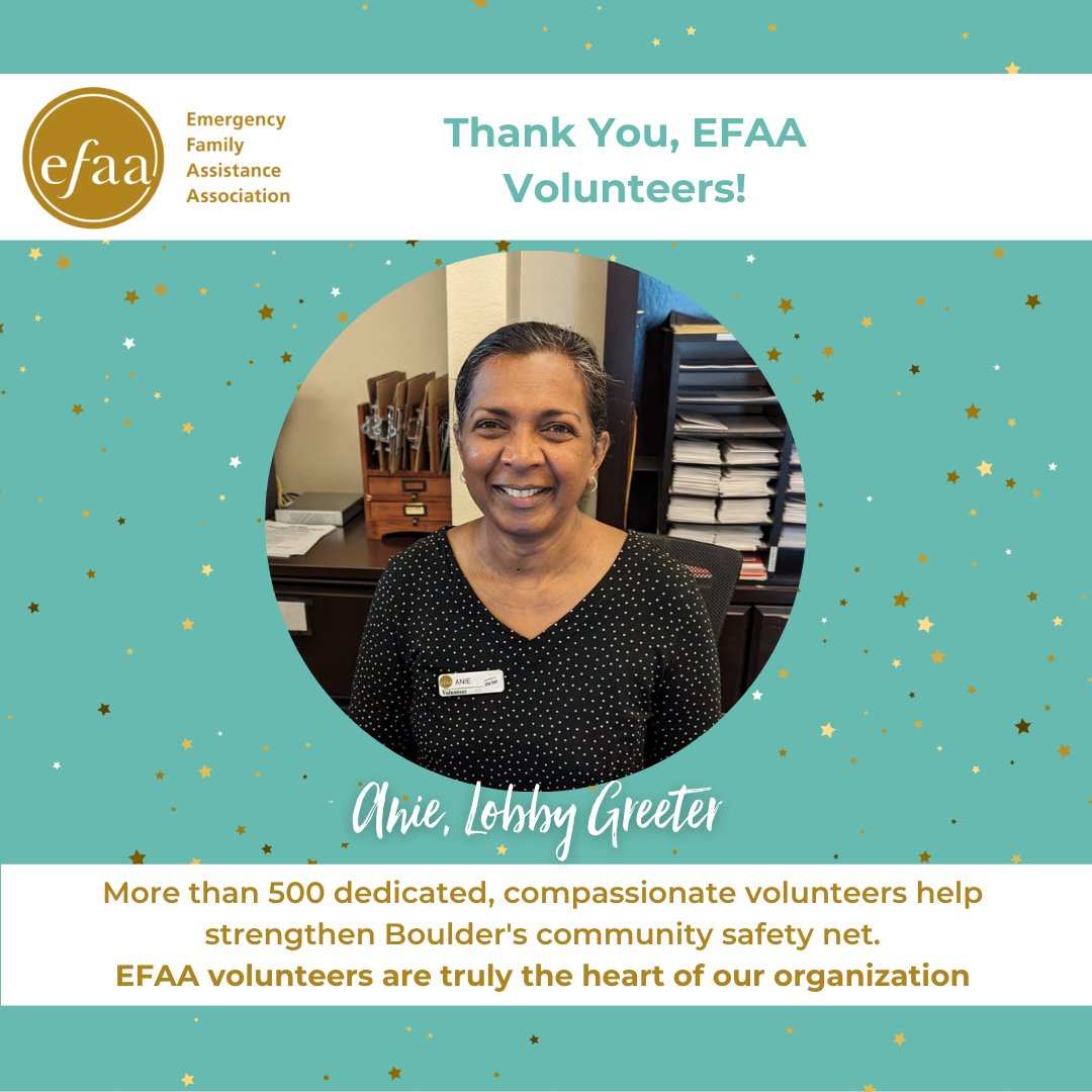 Volunteers are the heart of EFAA – we couldn't do this work without them. Anie is a new volunteer and has taken on a new position: lobby greeter! We are so proud to work alongside Anie and hundreds of other volunteers to help make sure families thrive. #NationalVolunteerWeek