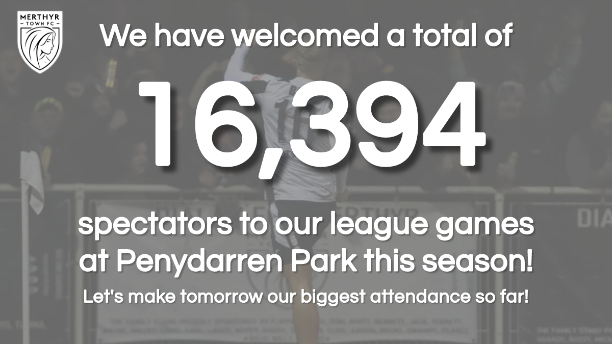 1️⃣6️⃣,3️⃣9️⃣4️⃣

👏🏼 We have welcomed over 16,000 spectators to Penydarren Park this season for our home league games. 

👊🏼 Lets make tomorrows game our biggest attendance of the season so far! 

#OurTownOurClub | #PackThePark