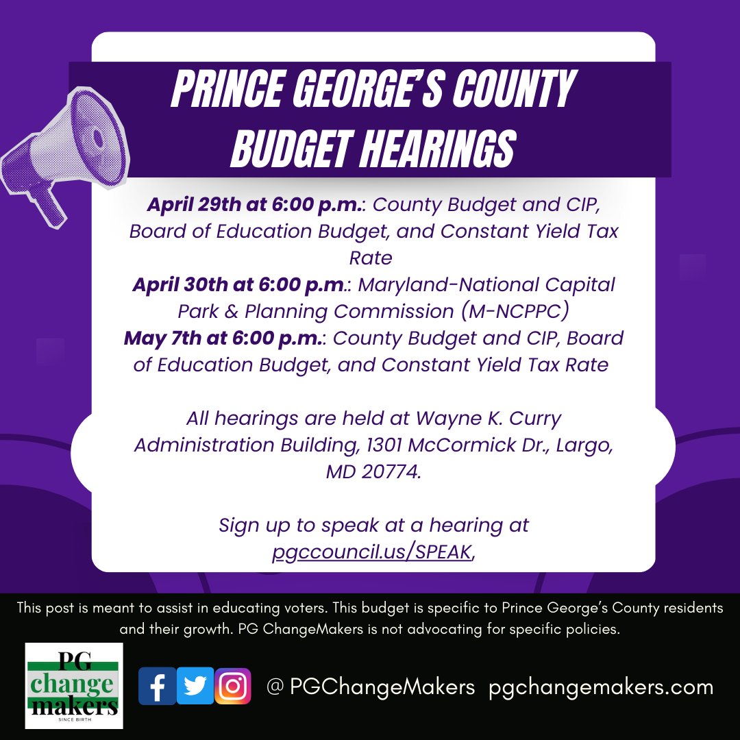 The County Council is currently finalizing the budget for Prince George’s County’s Fiscal Year 2025. During April and May, the Council is holding public hearings to gain feedback on the budget. #VoterEducation