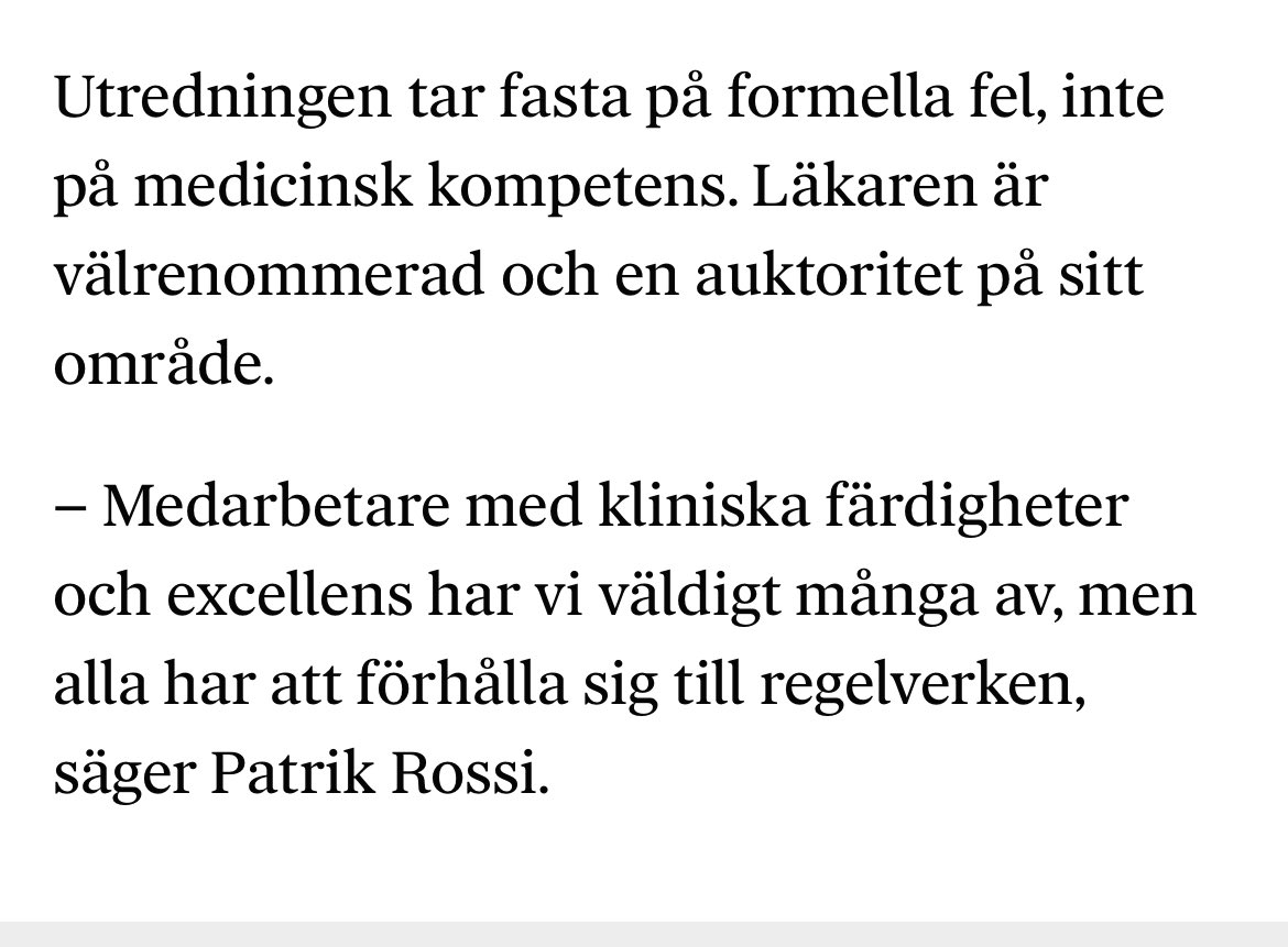 How it’s going.

Patrik Rossi intervjuas i DN 23 mars (efter att Karolinska sparkat en omtyckt chef efter en 115000-kronors utredning i syfte att gräva upp formalia-fel):
”Jag är mycket bekymrad över uppståndelsen som det här har väckt”