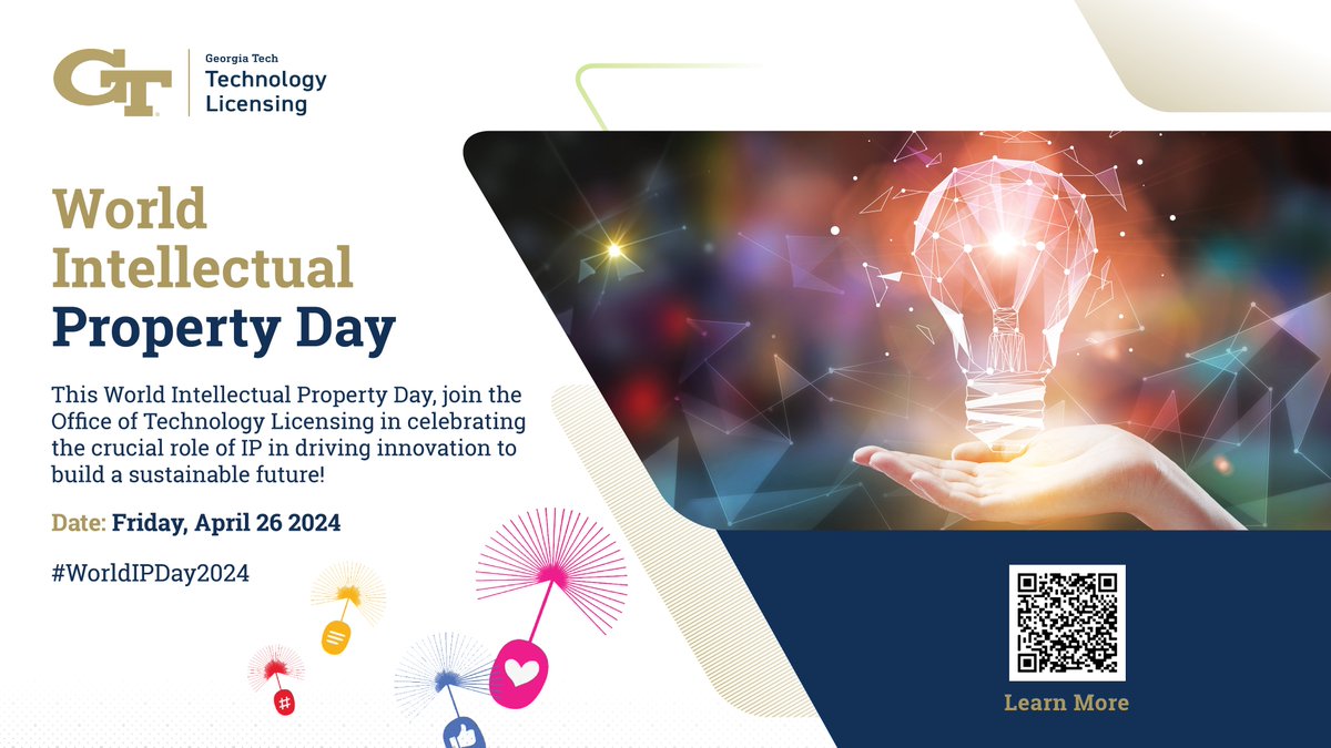 GaTechOTL's tweet photo. Celebrating World Intellectual Property Day! IP drives innovation &amp; impacts society positively. #WorldIPDay2024  Explore how you can contribute: Researcher Toolkit: https://t.co/La0pEibnu6 https://t.co/xflS3bqM96