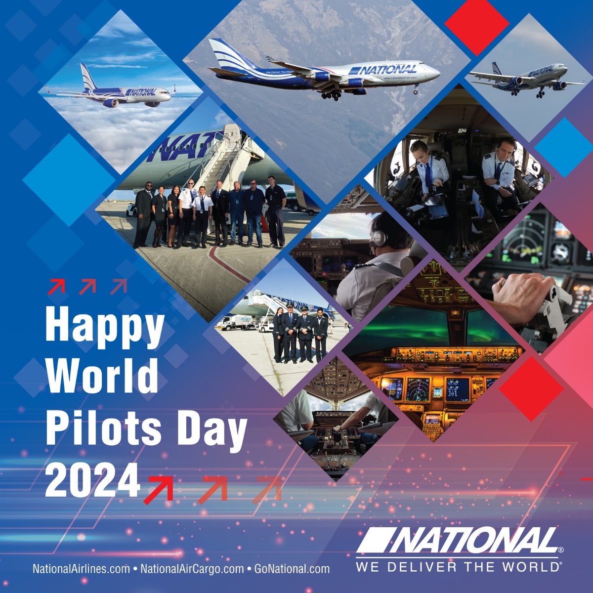 GoNationalAir's tweet photo. We wish the explorers and conquerors of the skies Happy World Pilots Day. National salute all the aviators who soar through the skies bridging the gap between the distances and wishes of people and businesses. 
#WorldPilotsDay #WeDeliverTheWorld #GoNational #NationalAirlines https://t.co/4Bye2Nx3iZ