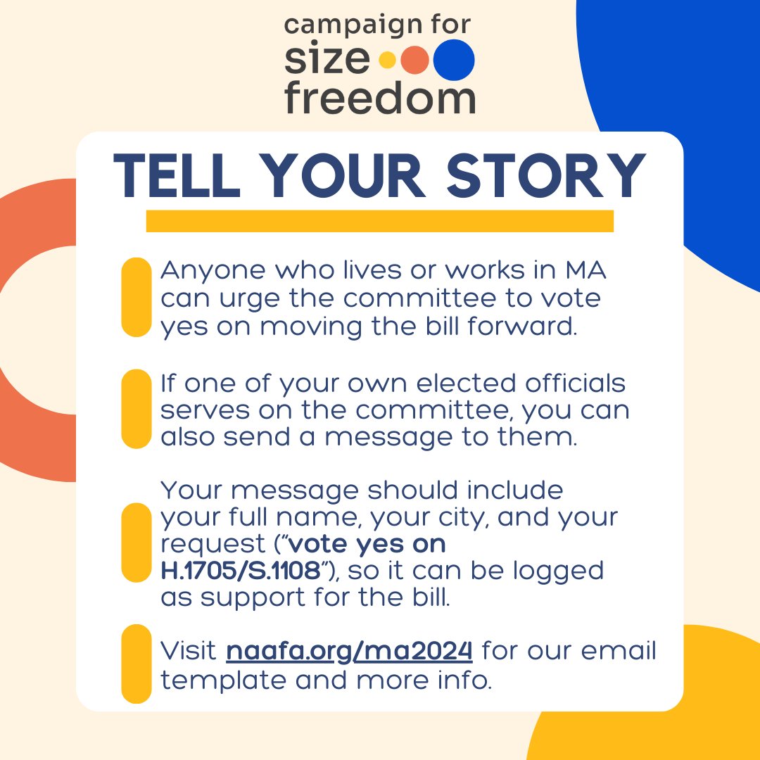 Call to Action! Support Massachusetts bill prohibiting size discrimination. Deadline to provide feedback to the Judiciary Committee is 4/30!

Visit naafa.org/ma2024 for an email template & more info

#sizefreedom #fatactivism #naafa #campaignforsizefreedom #massachusetts⁠