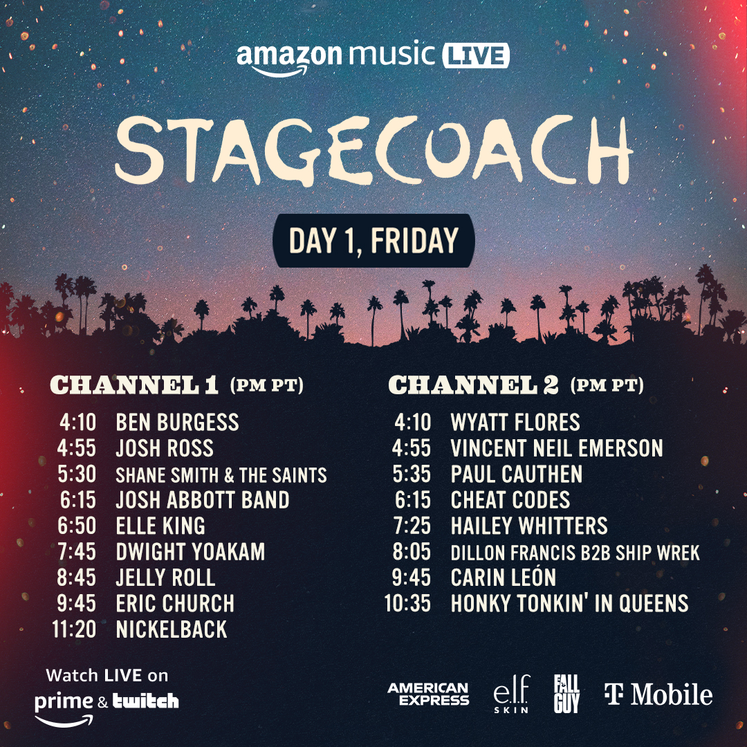 Tune in to Friday fun on the @AmazonMusic official Stagecoach livestream, hosted on @PrimeVideo and the Amazon Music Twitch channel. 🤠🌟 amzn.to/3QhKOyc