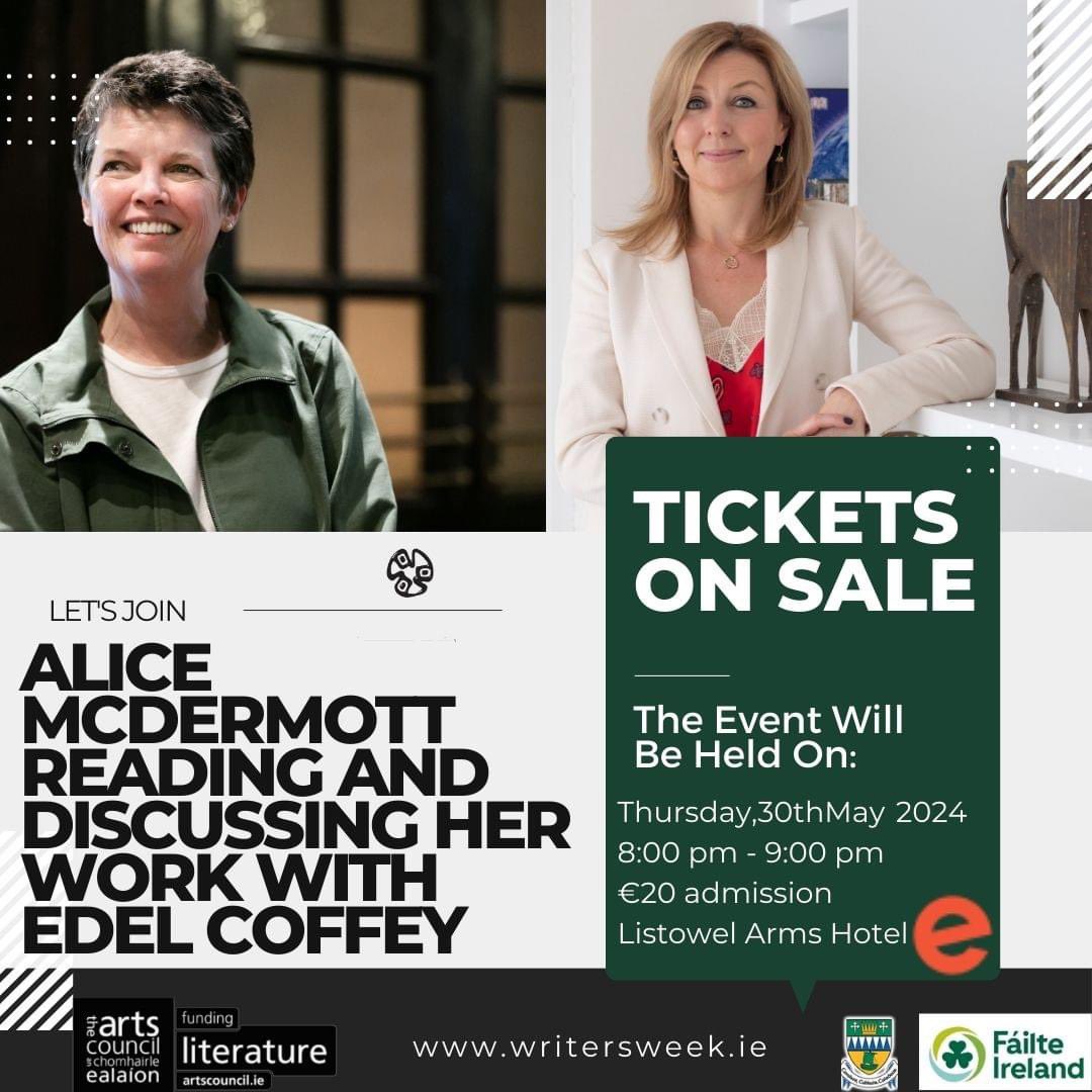 Get ready for an electrifying evening at Listowel Arms Hotel on May 30th, 8pm! Alice McDermott and Edel Coffey take the stage for an unforgettable literary experience. Grab your tickets #ArtsCouncilSupported #failteireland #kerrycountycouncil 

writersweek.ie/programme/