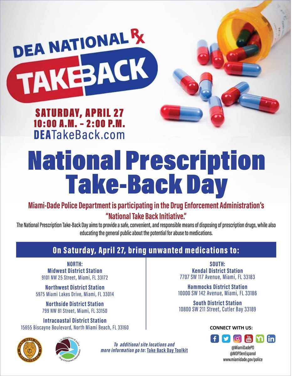 National Prescription Drug Take-Back Day aims to provide a safe, convenient, and responsible means of disposing prescription drugs. Join #YourMDPD on Saturday, April 27, 2023 from 10:00 a.m. - 2:00 p.m. to bring your unwanted medications. ⬇️