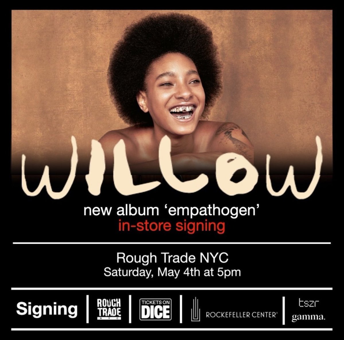 NYC! Willow will be doing a signing at Rough Trade next weekend! 🔗: link.dice.fm/2uBJhORl7Ib