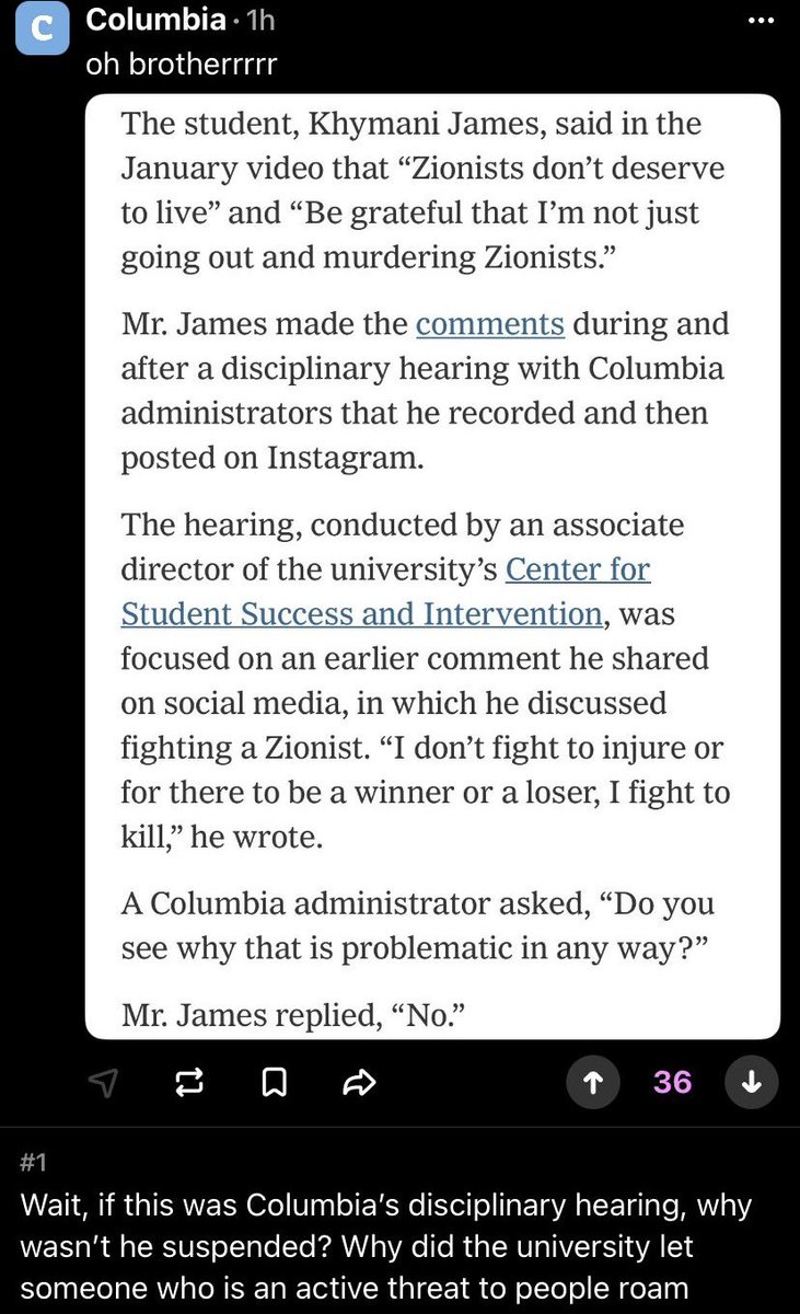 .@Columbia keeps digging its grave deeper. @KhymaniJames’s famous rant in which he said that “Zionists don’t deserve to live” was apart of a disciplinary hearing led by the Columbia University’s administration in January—four months ago! So the administration knew this person