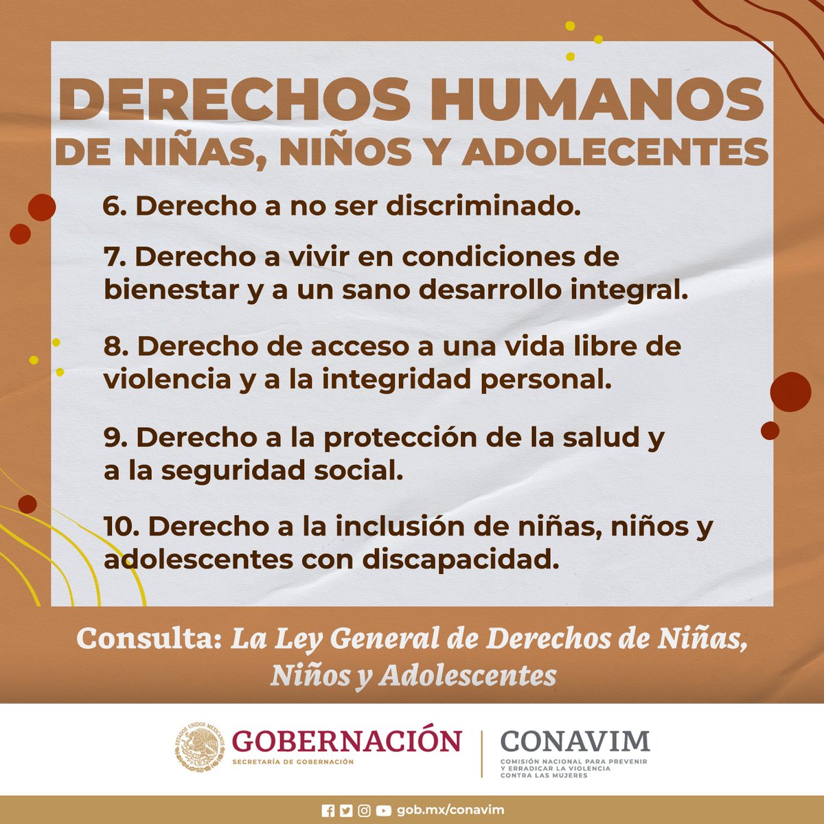 La Ley General de los Derechos de Niñas, Niños y Adolescentes (#LGDNNA) expedida por Decreto presidencial el pasado 3 de diciembre de 2014,y reformada el pasado 17 abril de 2024, garantiza a la niñez y adolescencia mexicana 20 derechos, entre los que se encuentran: