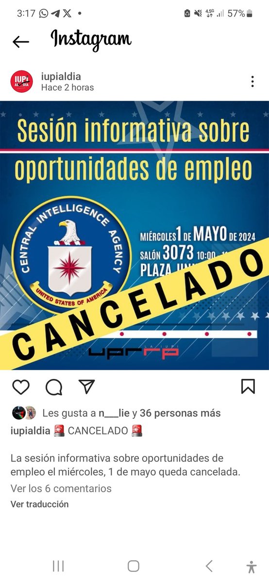 La CIA ya no estara buscando empleados en la UPRRP.

El evento quedó cancelado.