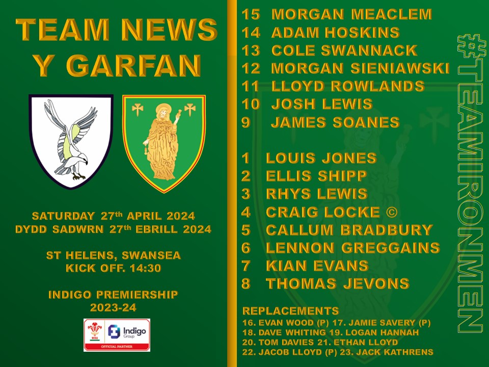 #TeamNews

Our #Ironmen23 ahead of tomorrow's @IndigoPrem game at St Helens against the #AllWhites

Come along & support the boys 🤙🏻

@SwanseaRFC
📆 27th April 24
🕝 2.30pm
📍 St Helens 
🏆 Indigo Premiership 

#TeamIronmen🖤💛💚