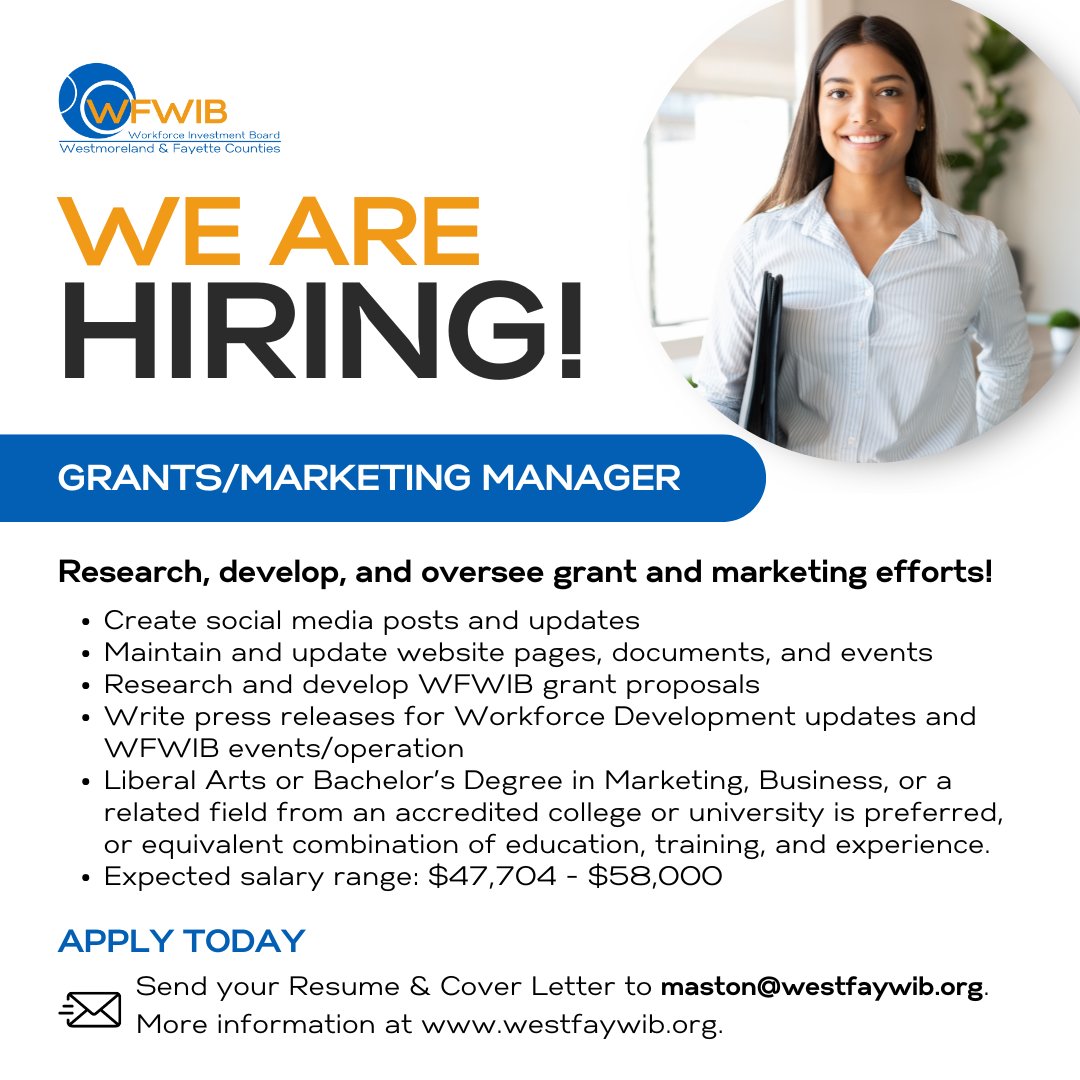 We have a new career opportunity available! Apply today for our Grants/Marketing Manager position and begin your career in workforce development! Read the job description here: bit.ly/3wiHagD